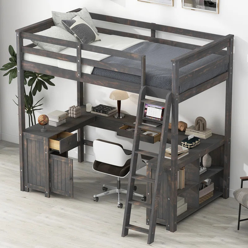 Loft Bed With U-Shaped Desk, Drawers And Storage Shelves, Antique Brown | Wayfair North America