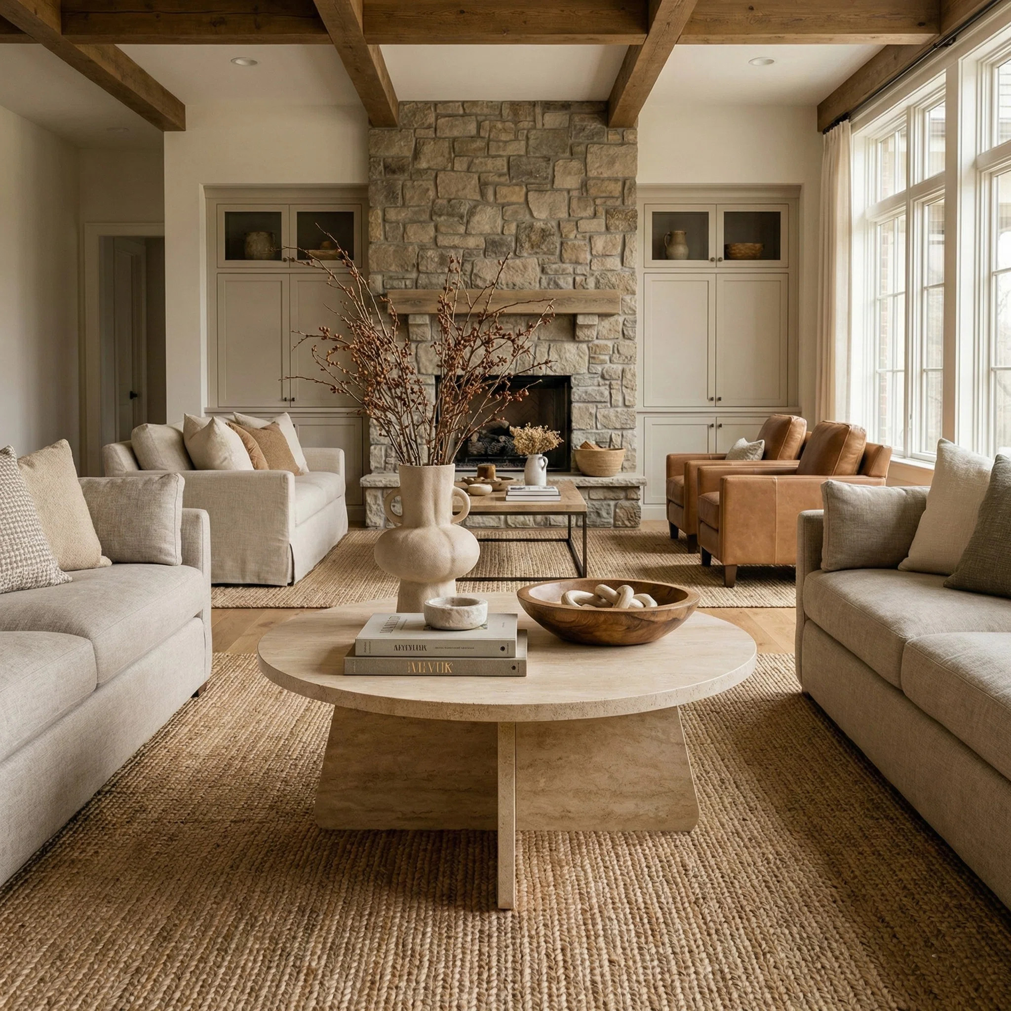 Travertine Look Round Coffee Table Small Modern End Table for Living Room | Wayfair North America