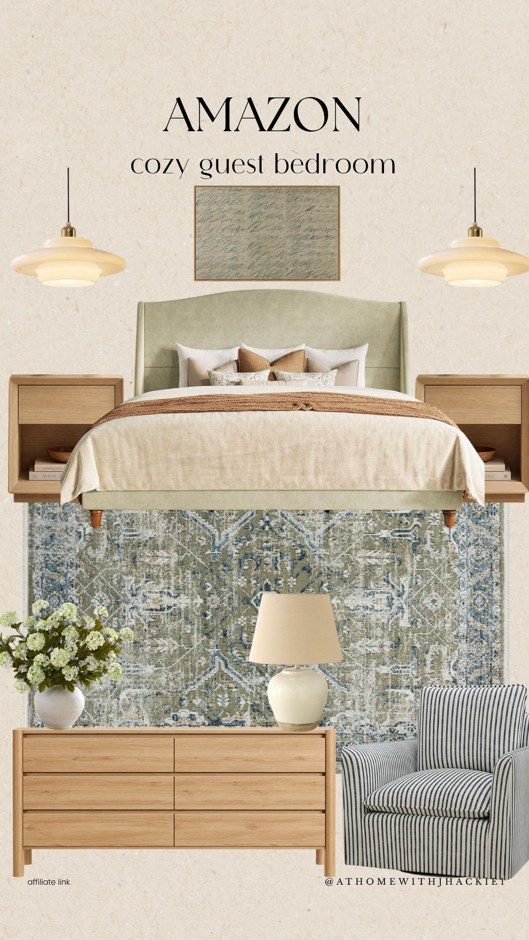 Amazon bedroom decor, Amazon guest bedroom, cozy guest bedroom, guest bedroom ideas, bedroom decor inspiration, Amazon furniture finds, neutral bedroom decor, traditional bedroom decor, transitional bedroom, upholstered bed, wood nightstands, bedroom area rug, striped accent chair, wood dresser, bedroom lighting, pendant lights, bedside lamp, faux hydrangeas, cozy bedroom aesthetic, warm neutral bedroom, Amazon home finds, guest room makeover, designer bedroom inspiration

#LTKHome