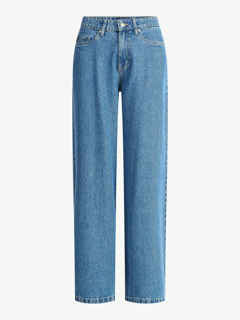 Scoop Women’s and Women’s Plus Rhinestone Embellished Wide Leg Jeans, Sizes 0-26W | Walmart (US)