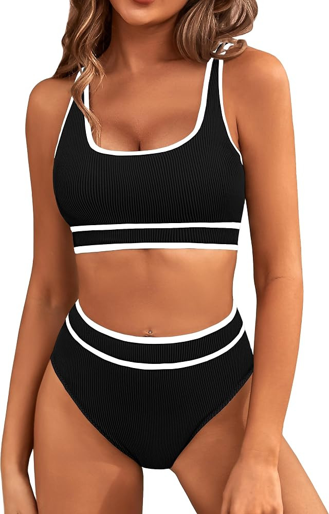 BMJL Women's High Waisted Bikini Sets Sporty Two Piece Swimsuits Color Block Cheeky High Cut Bath... | Amazon (US)