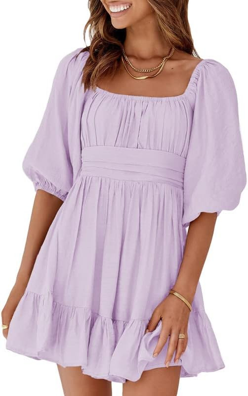 Dokotoo Womens Summer Dresses Square Neck Lantern Sleeve Tie Backless Ruffle A-Line Casual Dress | Amazon (US)