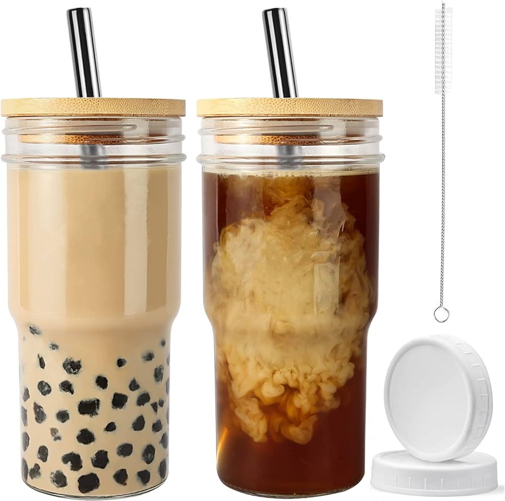 Xeiwagoo Reusable Boba Cup Smoothie Tumbler Glass Bubble Tea 2 Pack Wide Mouth 22oz Iced Coffee G... | Amazon (US)