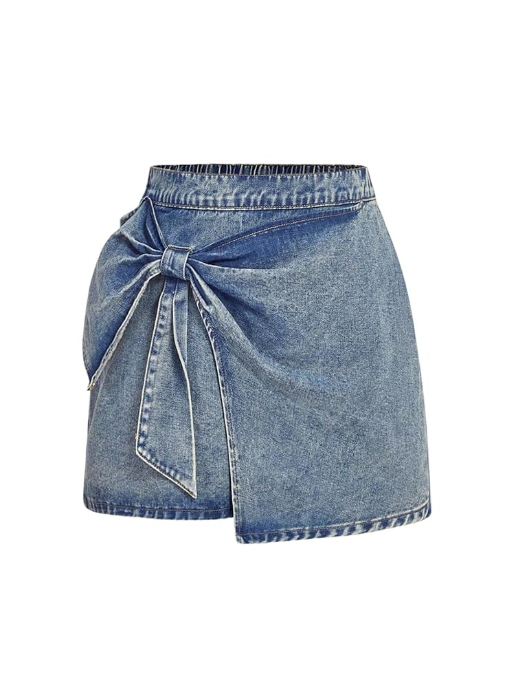 Floerns Women's Plus Size High Waist Denim Skirt Wrap Front Bow Bodycon Mini Skirt | Amazon (US)