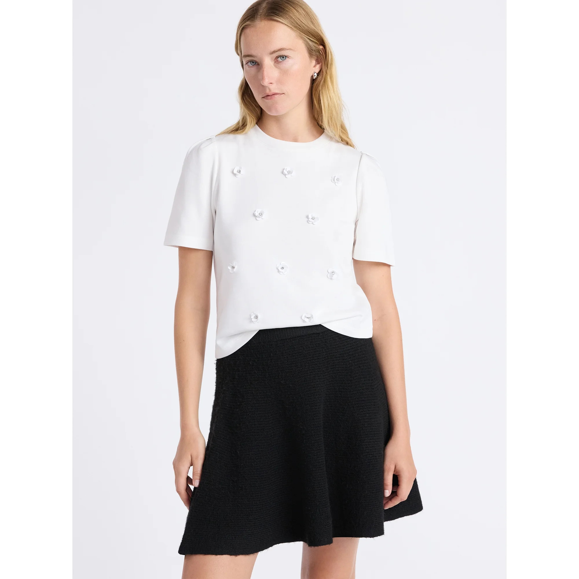 Free Assembly Women's and Women's Plus Embellished Pleat Shoulder Top with Short Sleeves, Sizes X... | Walmart (US)