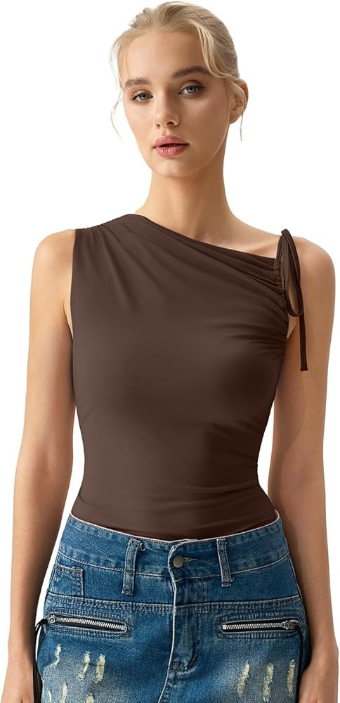 QINSEN Women's Sleeveless Tank Tops High Neck Double Lined Summer Crop Going Out Shirts | Amazon (US)