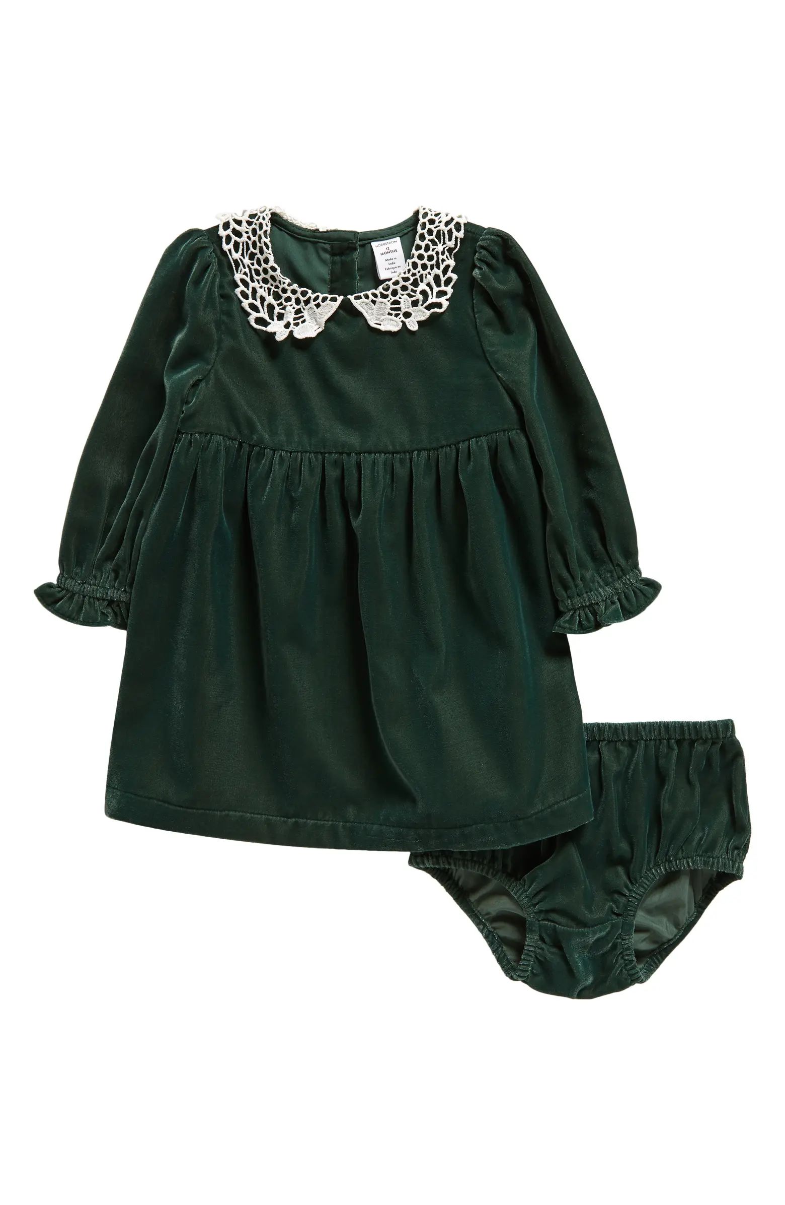 Matching Family Moments Lace Collar Long Sleeve Velvet Dress & Bloomers Set | Nordstrom