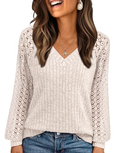 AUTOMET Women Summer Tops Spring Fashion 2026 Lace Long Sleeve Shirts Fall Sweaters Dressy Casual Tunic Blouse Work Clothing Apricot L | Amazon (US)