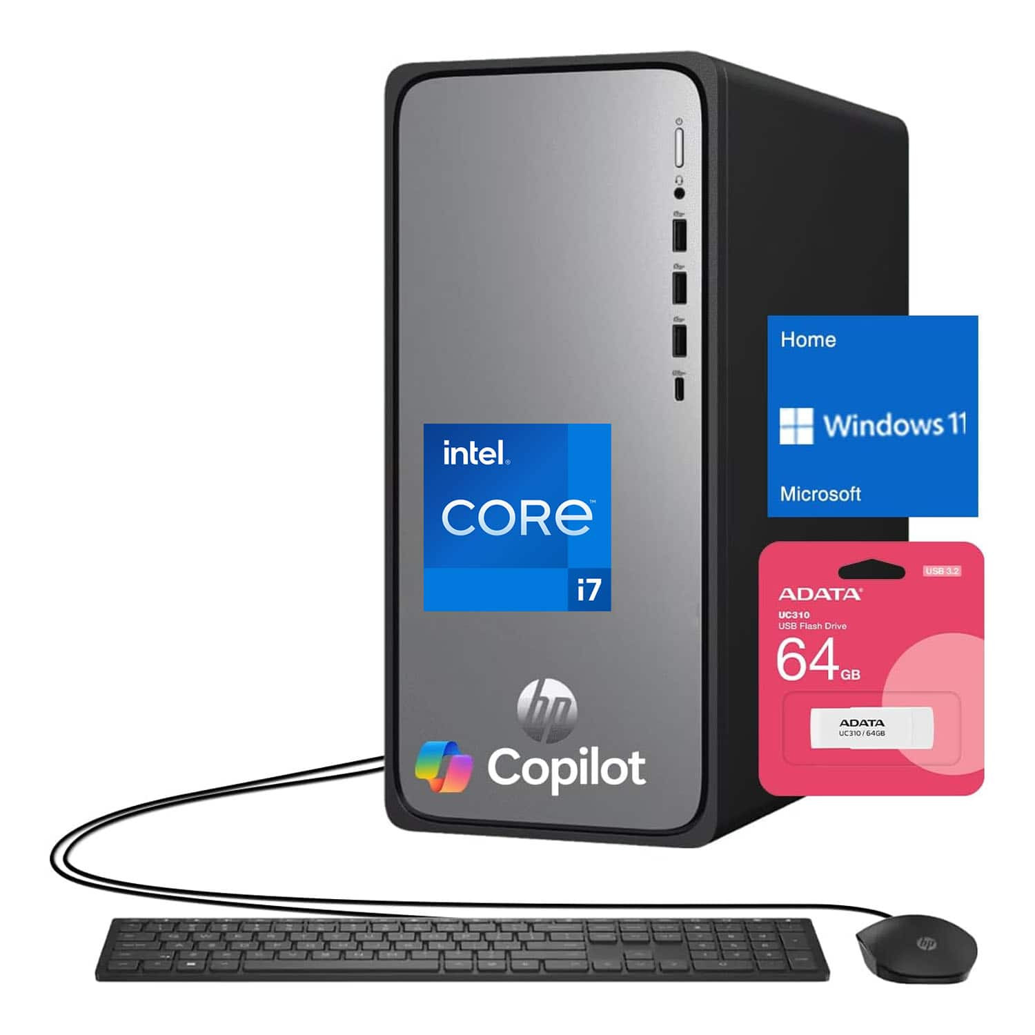 HP - Upgraded - OmniDesk Desktop - Intel Core i7-14700 with 32GB RAM, 2TB SSD - Wired Keyboard & Mouse - Adata 64GB USB Drive - Black | Best Buy U.S.