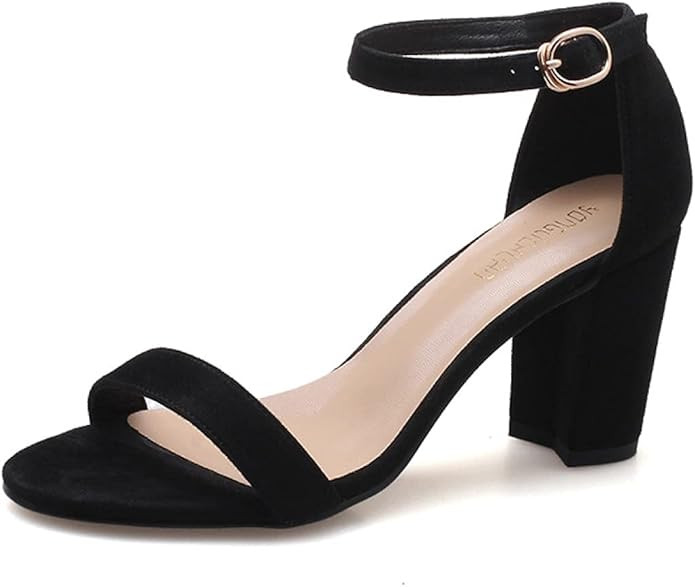 Black Woman Block High Heel Sandals Buckle Casual Peep Toe Wedding Party Single Ankle Strap Summe... | Amazon (US)