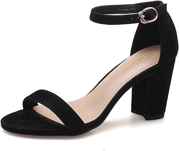 Black Woman Block High Heel Sandals Buckle Casual Peep Toe Wedding Party Single Ankle Strap Summe... | Amazon (US)