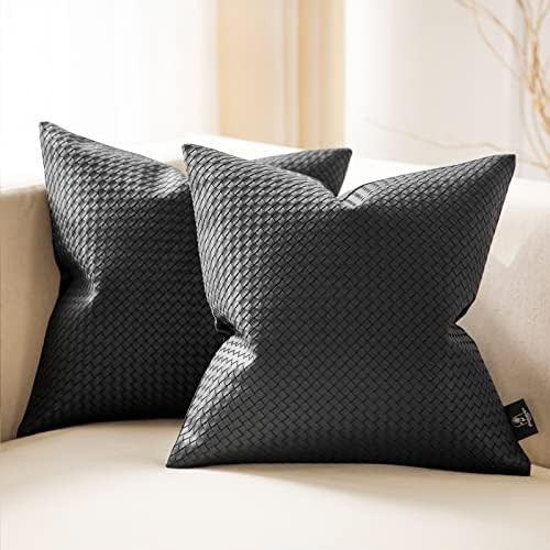 Phantoscope Pack of 2 Faux Leather Pillow Covers - Woven Leather Throw Pillow Covers - Modern Farmho | Amazon (US)