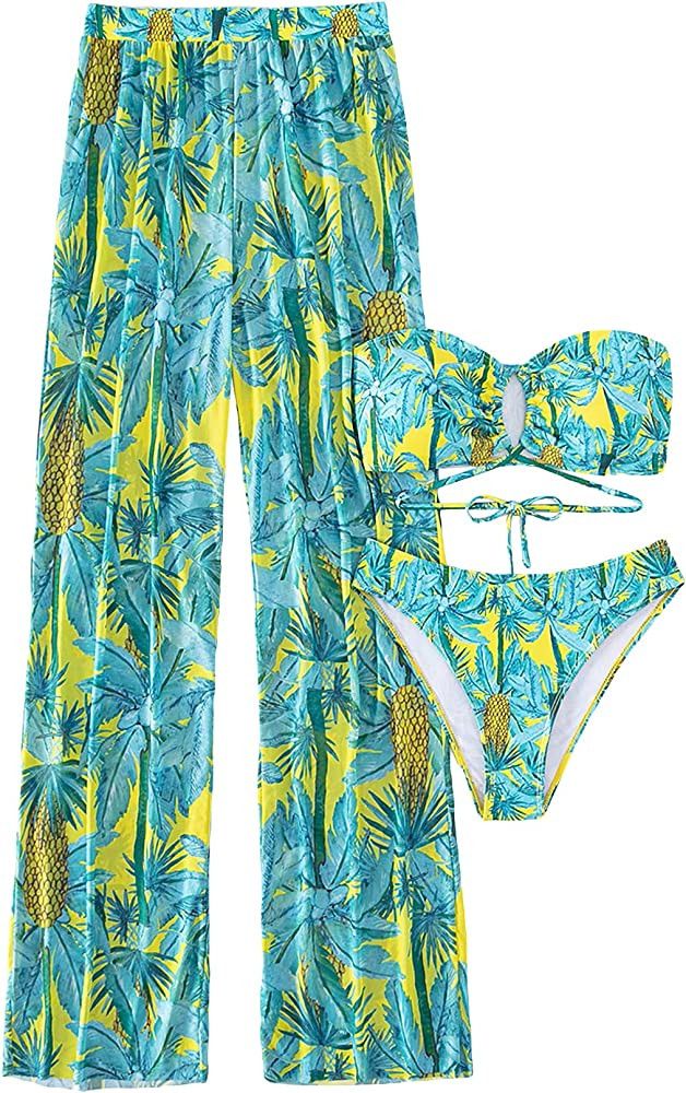Verdusa Women's 3 Pieces Swimsuits Criss Cross Tie Self Tropical Print Bandeau Bikini Swimwears | Amazon (US)
