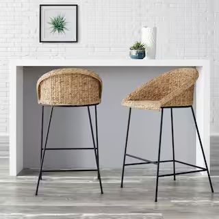 StyleWell Natural Woven Hyacinth Bar Stool with Low Back ST1811035-NBLK - The Home Depot | The Home Depot