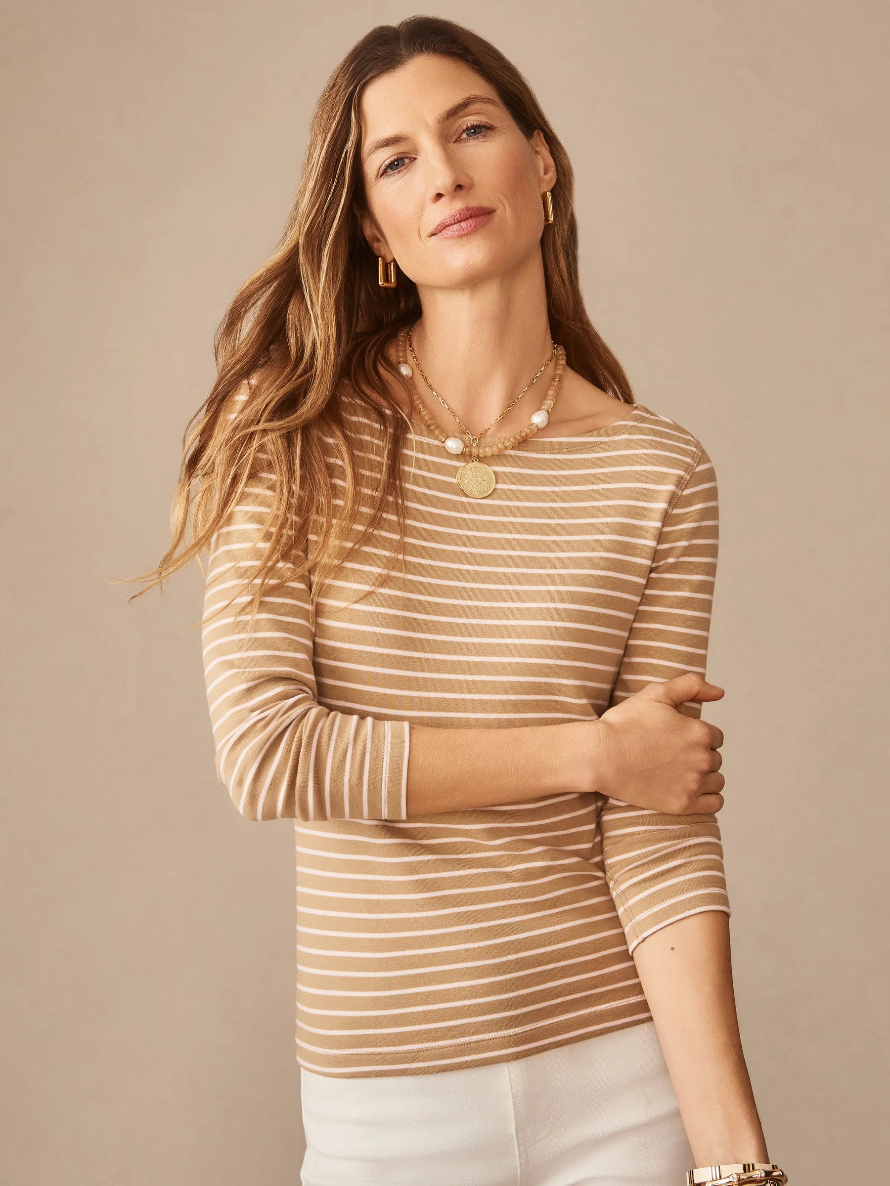 Khaki/Pink Stripe Goldie Tee | Women's Tops | J.McLaughlin | J.McLaughlin