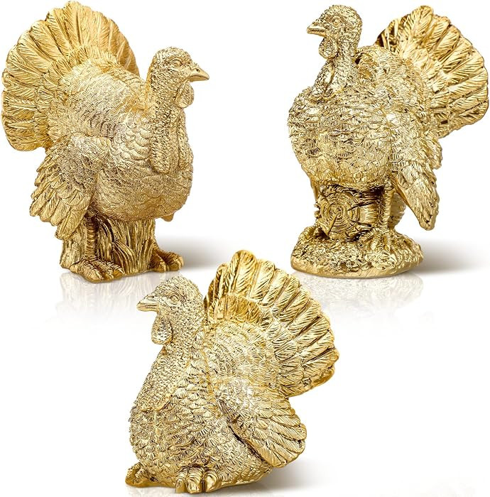VioraWhite 3 Pack Fall Thanksgiving Turkey Decor Gold Resin Turkey Figurine | Amazon (US)