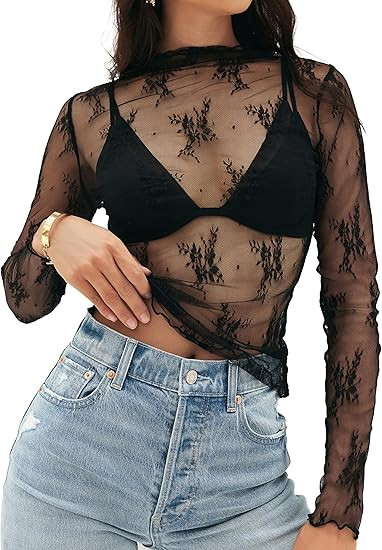MEROKEETY Womens 2025 Lace Mesh Sheer Long Sleeve Top Sexy Y2k Mock Neck See Through Shirt Blouse... | Amazon (US)