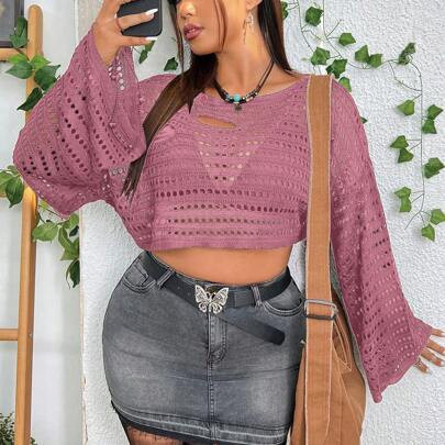 Plus Size Women's Hollow Out Long Sleeve Solid Color Casual Cropped Sweater | SHEIN