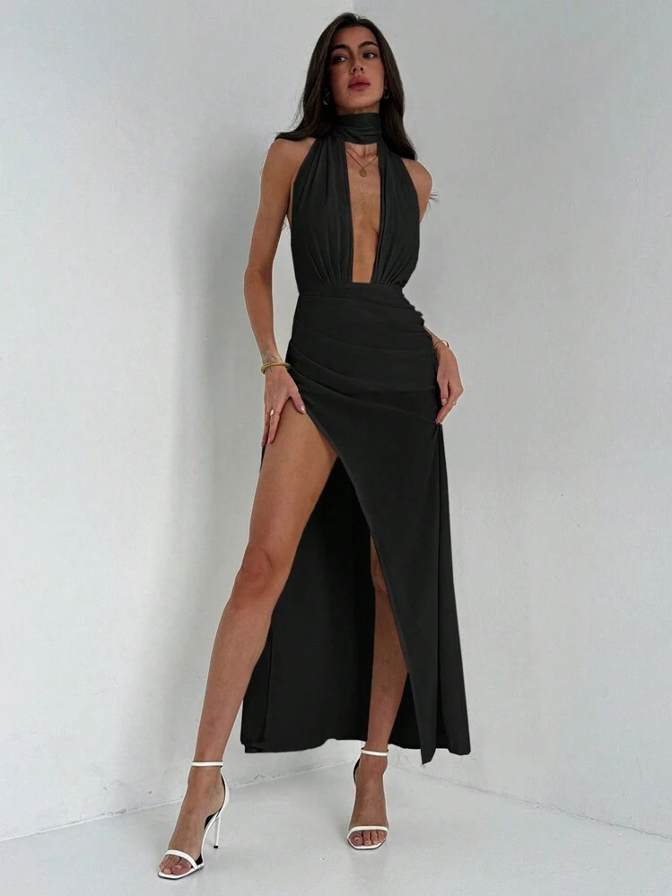 Aloruh Apricot Plunge Neck Tied Waist Slit Hem Dress, Romantic Dating ,Black Dress | SHEIN
