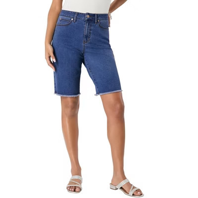 Roaman's Plus Size Frayed Hem Bermuda Jean Shorts - 26 W, Medium Blue | Target
