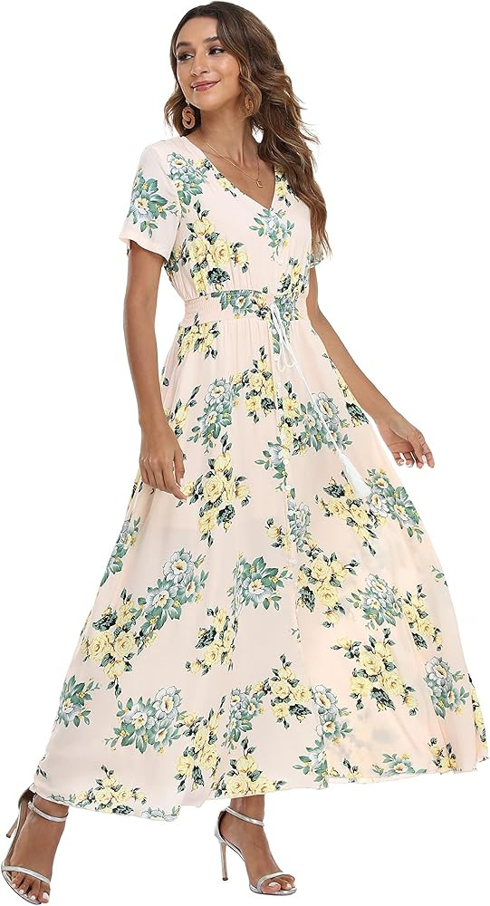 VintageClothing Women's Floral Print Maxi Dresses Boho Button Up Split Beach Party Dress | Amazon (US)