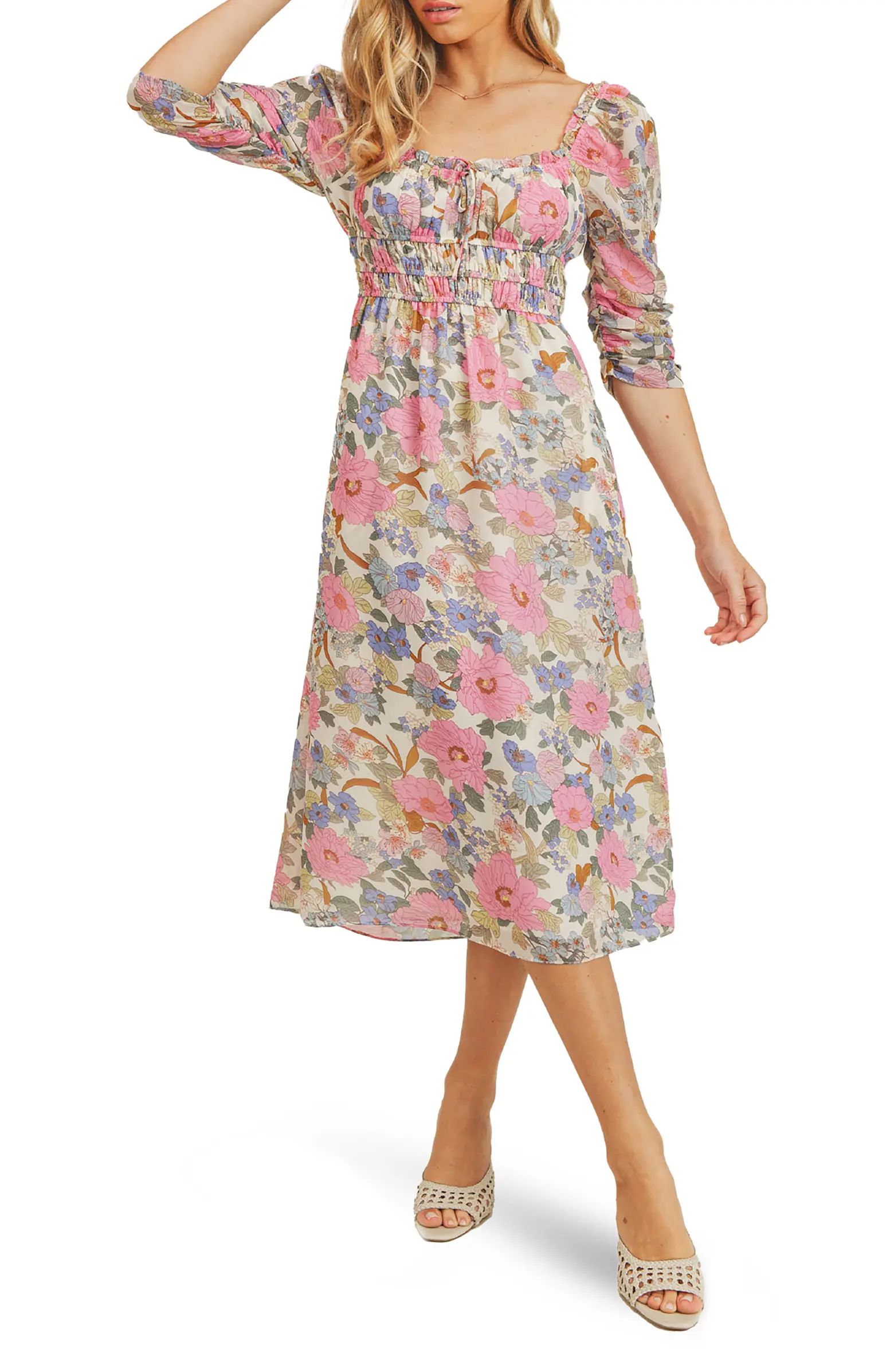 LUSH 1/2 Sleeve Vintage Print Empire Waist Midi Dress | Nordstromrack | Nordstrom Rack