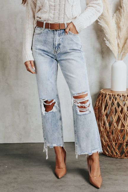 LIGHT WASH DISTRESSED BLUE MELODY VINTAGE CROP STRAIGHT JEANS | Magnolia Boutique