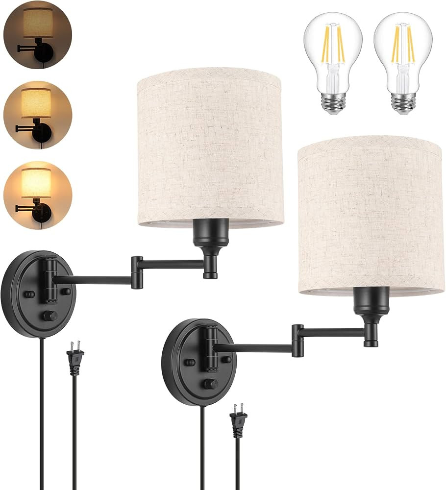 ENCOMLI Dimmable Plug in Wall Sconces, Swing Arm Wall Lamp, Wall Sconces Set of Two, Plug in Wall... | Amazon (US)
