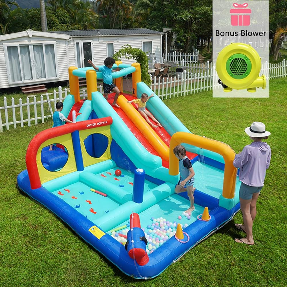 HECCEI Giant Inflatable Water Bounce House with Trampoline, Water Slide, and Pool, with 450W Air ... | Amazon (US)