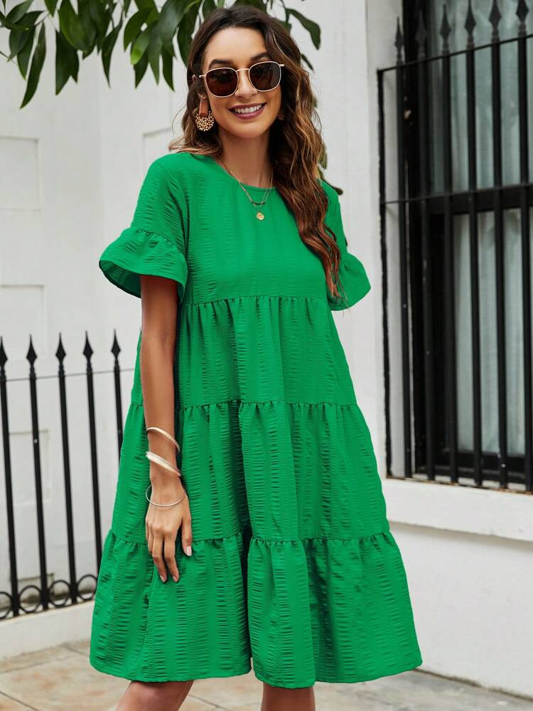 Solid Flounce Sleeve Ruffle Hem Smock Dress | SHEIN