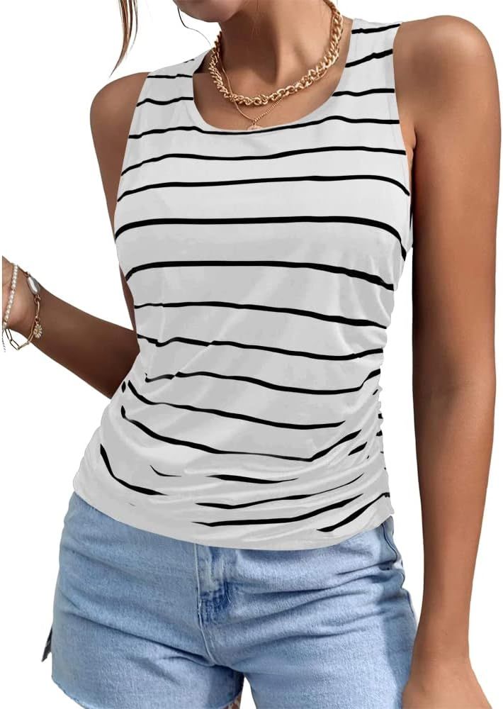 BRUBOBO Womens Striped Tank Top Scoop Neck Sleeveless Side Ruched Casual Tops Tees Shirts | Amazon (US)