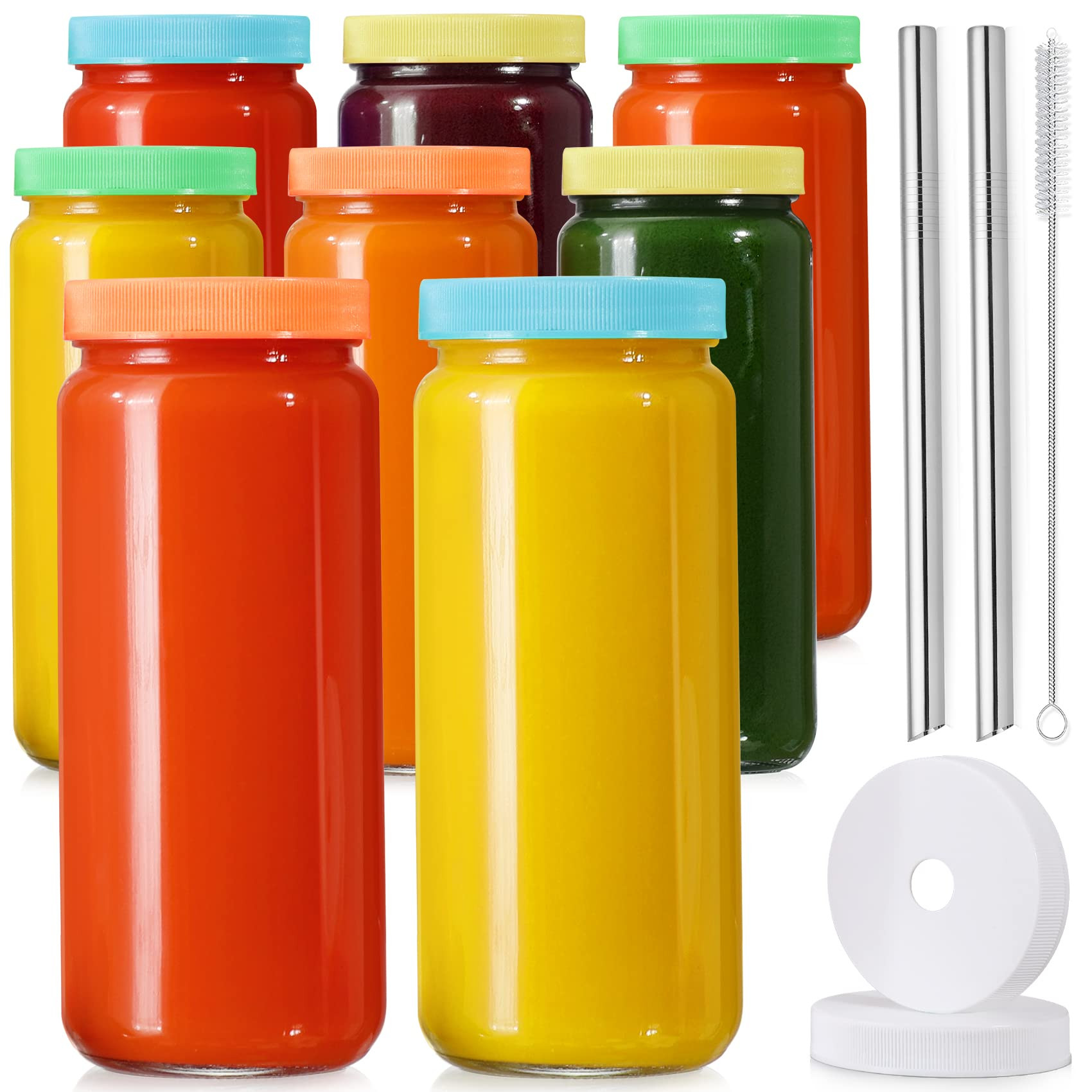8 Pack Glass Juicing Bottle Drinking Jars with 2 Straws & 2 Lids w Hole- 16 OZ Travel Water Cups ... | Amazon (US)