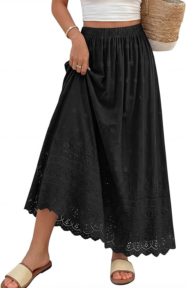 dowerme Women Summer Maxi Skirt Cute Elastic High Waist Boho Eyelet A-Line Cotton Flwoy Long Skir... | Amazon (US)