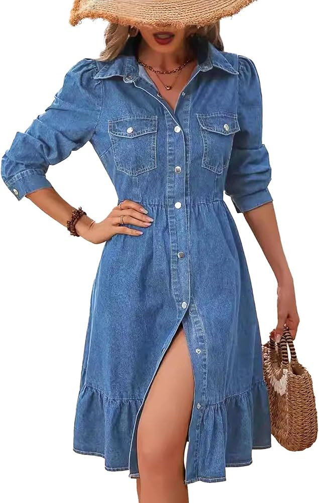 Sexyshine Women's Button Down Denim Dress Puff Long Sleeve Lapel Collar High Waist A Line Swing R... | Amazon (US)