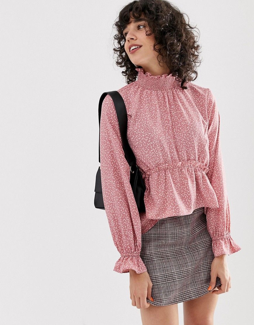 Lost Ink high neck smock blouse in ditsy polka dot - Pink | ASOS US