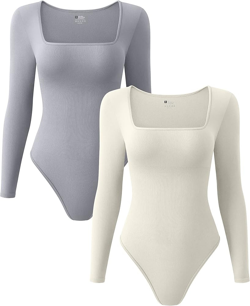 OQQ Women's 2 Piece Bodysuits Sexy Ribbed One Piece Square Neck Long Sleeve Bodysuits | Amazon (US)