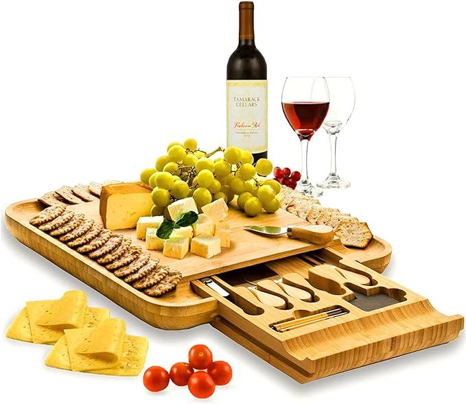 Cheese Board and Knife Set - Bamboo Wood Charcuterie Board Serving Platter with Knife Set, Hidden... | Amazon (US)