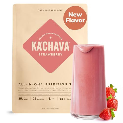 Ka’Chava All-In-One Nutrition Shake Blend, Strawberry, 15 Servings, 85+ Superfoods & Nutrients, Greens Plant-Based Powder Protein Drink, Digestive Enzymes & Probiotics, Vegan Dairy Gluten Free | Amazon (US)