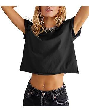 Aoang Womens Summer Short Sleeve Crewneck Crop Tops Loose Casual Solid T-Shirts Plain Short Basic... | Amazon (US)