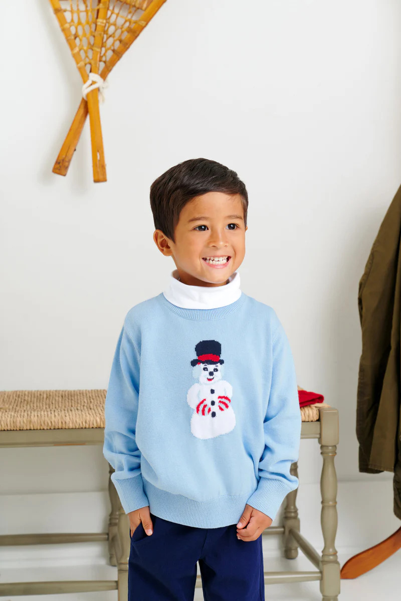 Isaac's Intarsia Sweater - Beale Street Blue with Snowman Intarsia | The Beaufort Bonnet Company