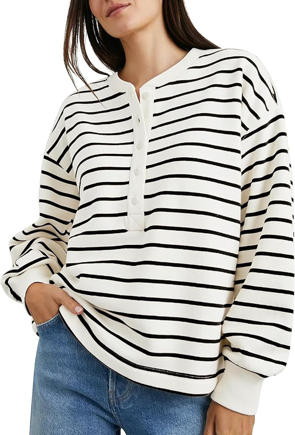 BAIGRAM Women Oversized Crewneck Striped Sweatshirt Half Button Down Pullover Top Long Sleeve Shi... | Amazon (US)