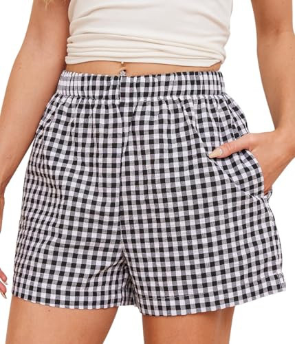 CITASHION Womens Gingham Boxer Shorts Casual Summer Cotton Pajama Lounge Sleep Cute Y2K Plaid Shorts Beach Bottoms Black M | Amazon (US)