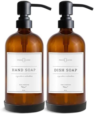 Vine Creations Amber Glass Soap Dispenser, 2 Pack Kitchen Soap Dispenser Set with Stainless Steel... | Amazon (US)