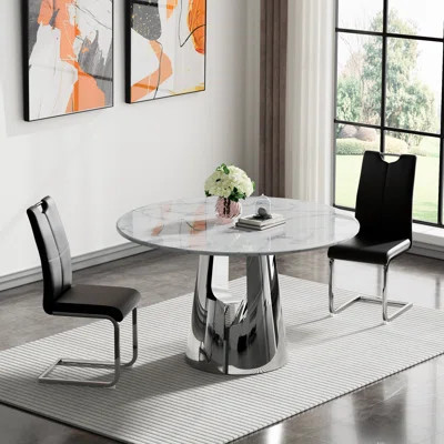 Round Dining Table Set, 45" Round Marble Dining Table with Dining Chairs, Modern Circle Kitchen Table Set with Hollow-Out Stainless Steel Base, Dining | Wayfair North America