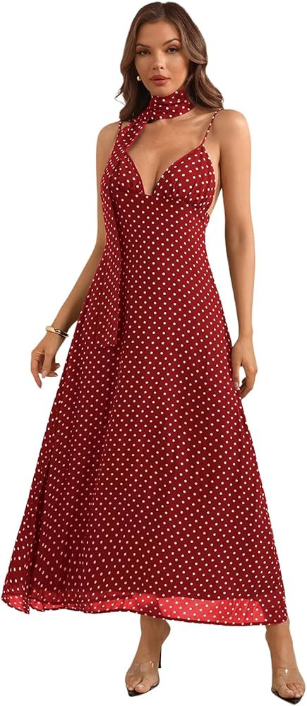 Women's Polka Dots Tie Backless Dress Deep V Neck Spaghetti Strap Maxi Dresses with Scarf | Amazon (US)