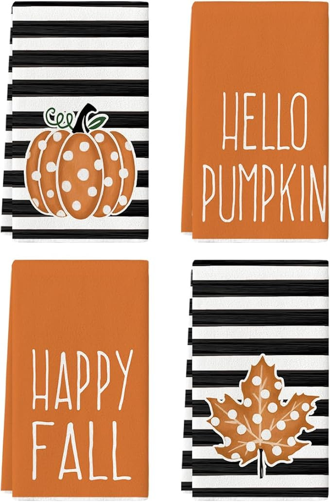 Artoid Mode Stripes Polka Dot Hello Pumpkin Fall Kitchen Towels Dish Towels, 18x26 Inch Farmhouse... | Amazon (US)