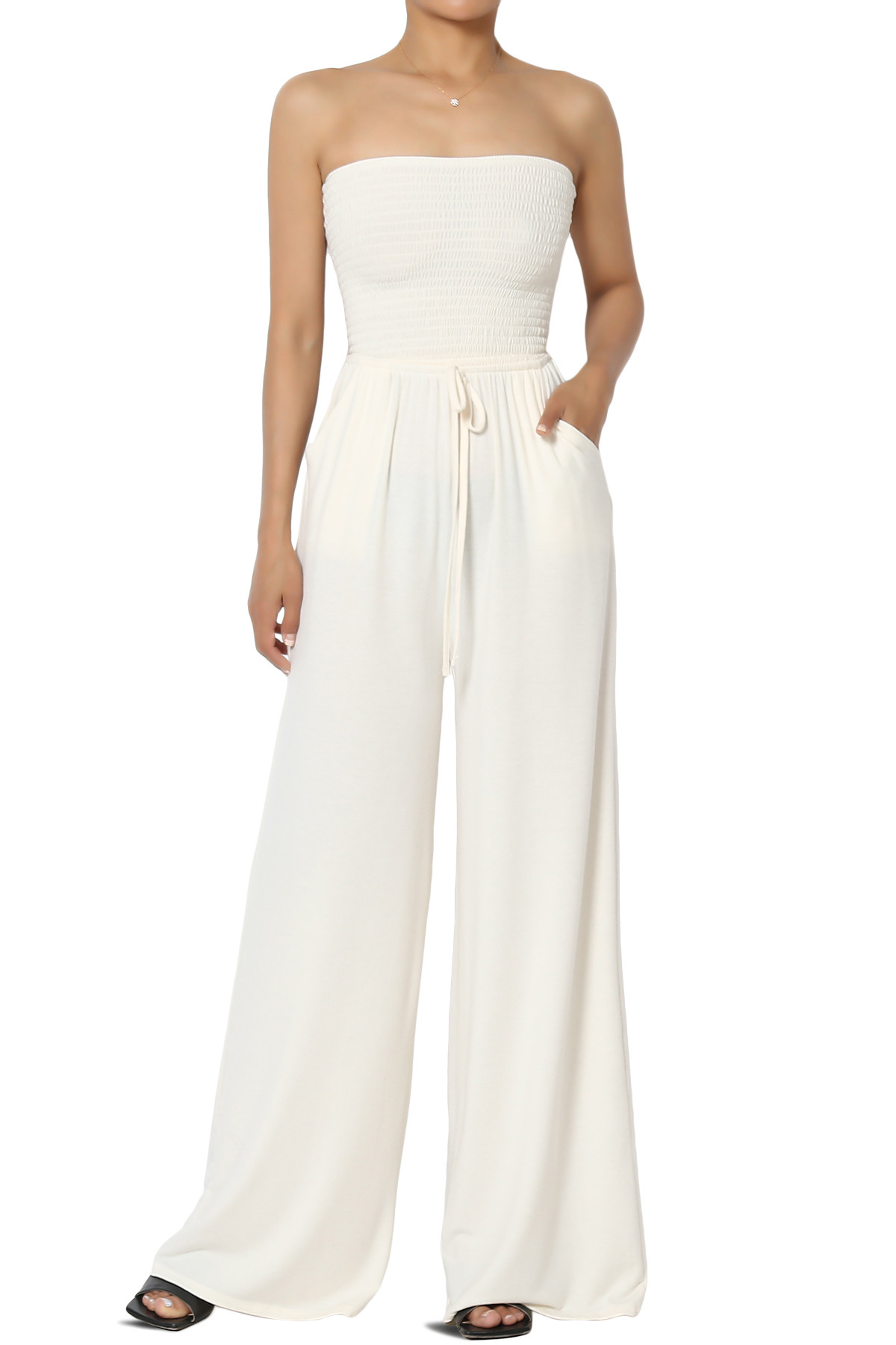 TheMogan Women's Strapless Smocked Tube Top Pocket Jersey Wide Leg Pants Jumpsuit | Walmart (US)