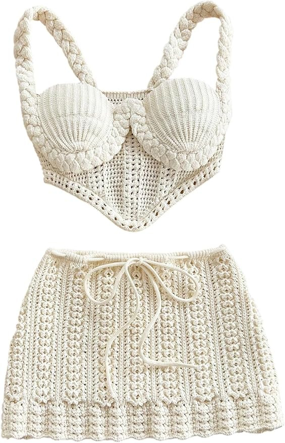 MakeMeChic Women's 2 Piece Sets Crochet Braided Crop Tops Mini Skirt Summer Beach Vacation Set | Amazon (US)