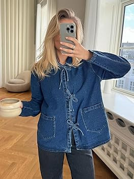 PLNOTME Womens Jean Jacket Tie Front Denim Shacket Tops Fall Fashion Long Sleeve Shirts Coat with... | Amazon (US)