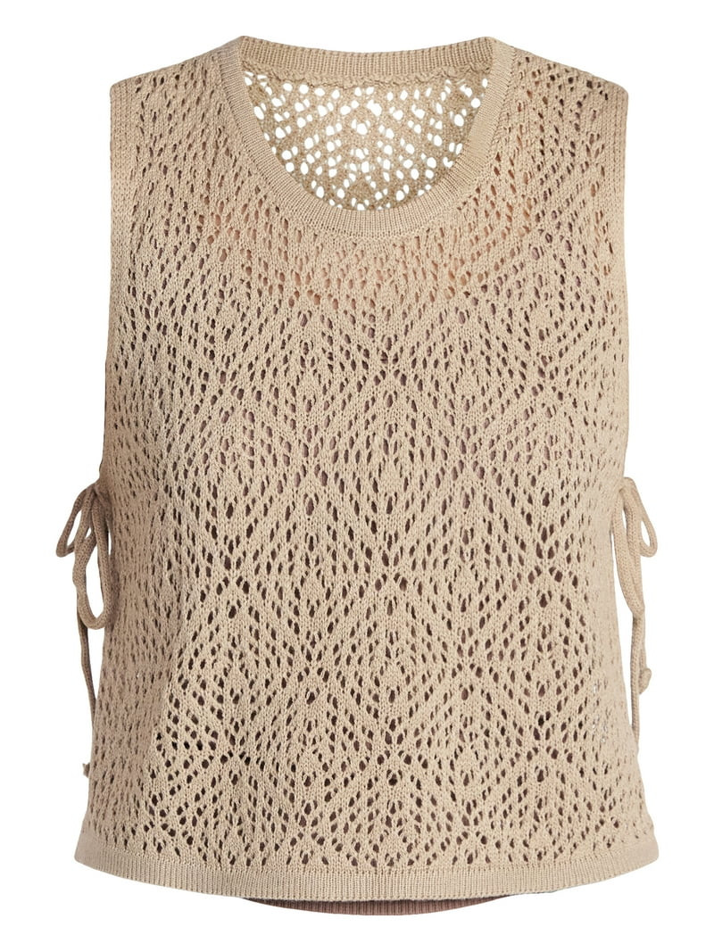 No Boundaries Cropped Crochet Knit Poncho with Side Ties, Women's | Walmart (US)